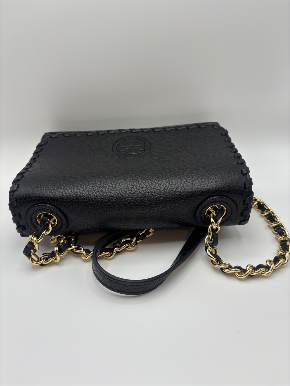 Tory Burch Black Pebbled Leather Whipstitch Chain Crossbody with Gold Hardware - Picture 6 of 14